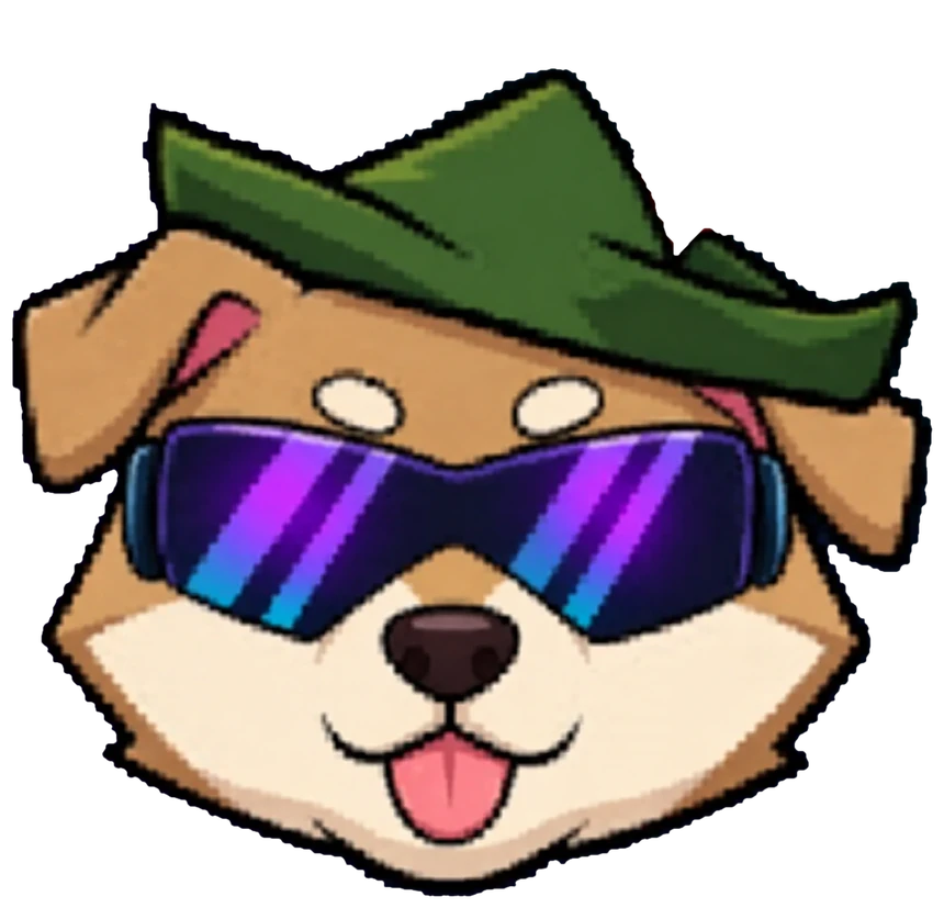 superior hood inu: a shiba with a green robin hood hat, a red feather and striped neon goggles, looking at your wallet and smiling about it